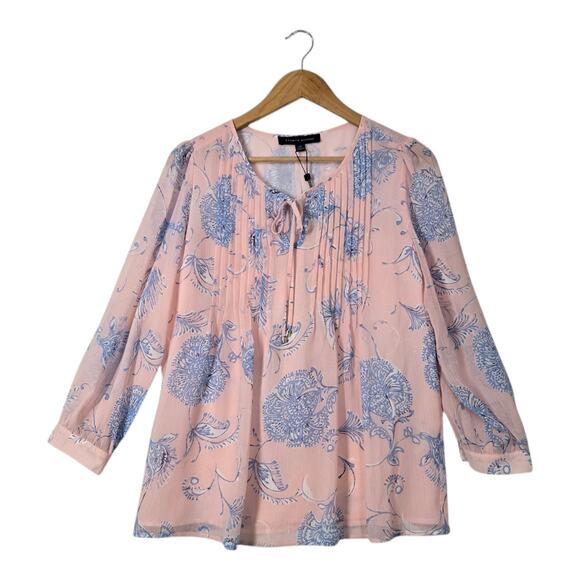 Tommy Hilfiger Top Blouse sz S Pink Blue Chiffon Lined Pintuck Keyhole Tie - Picture 1 of 16